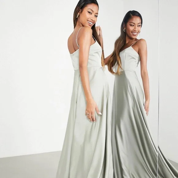 green emerald velvet dress Zapaka Women Dusty Sage Bridesmaid Dress Halter Neck Satin Sheath Long Wedding Guest Dress, Dusty Sage / US16W